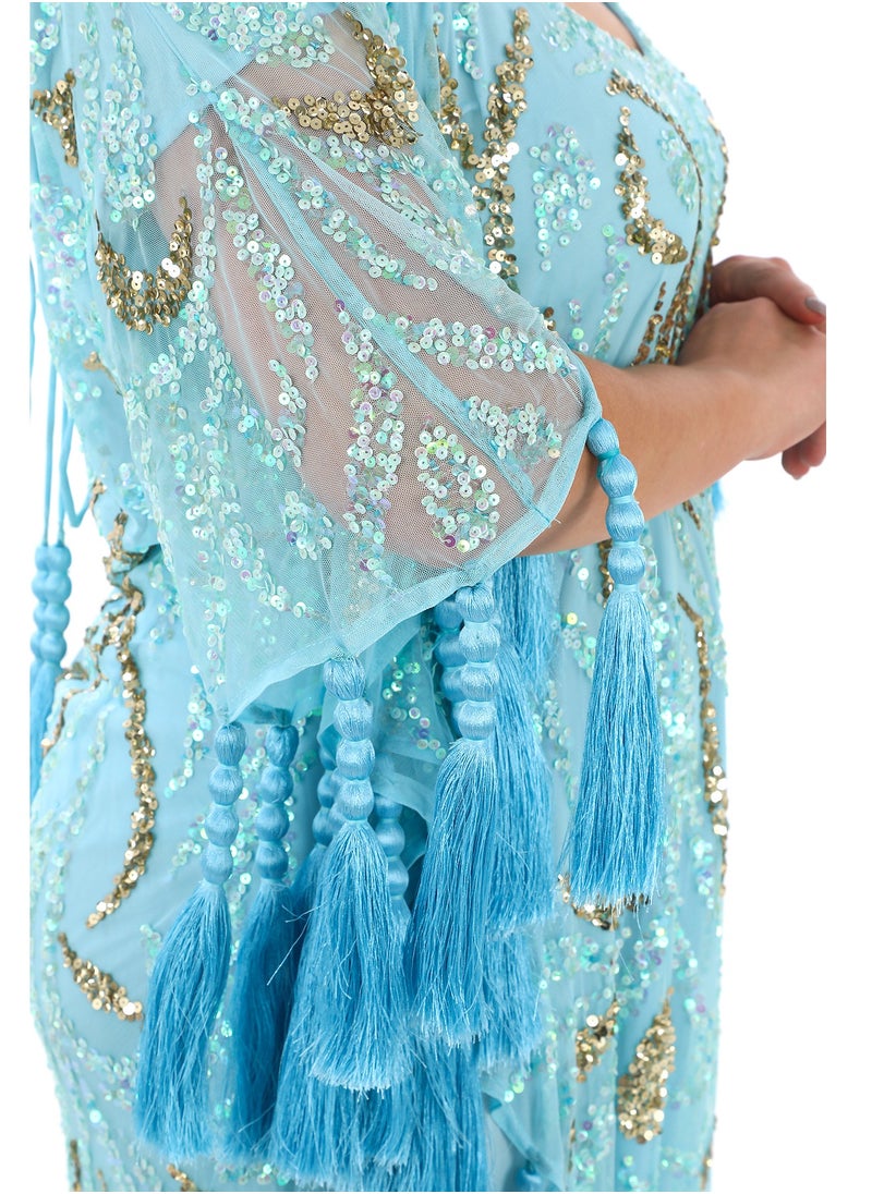 Chic Blue Tassel Kaftan with Sequined Elegance