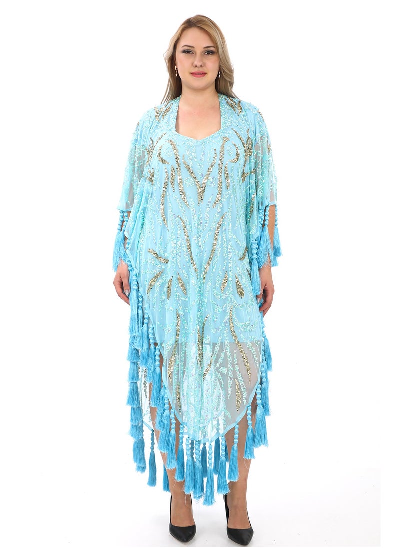 Chic Blue Tassel Kaftan with Sequined Elegance