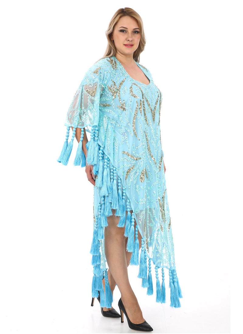 Chic Blue Tassel Kaftan with Sequined Elegance