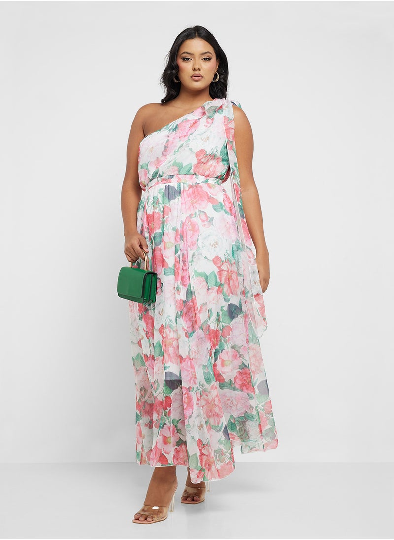 One Shoulder Floral Print Dress