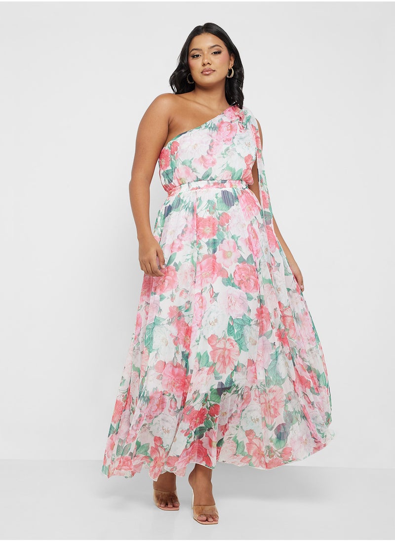 One Shoulder Floral Print Dress