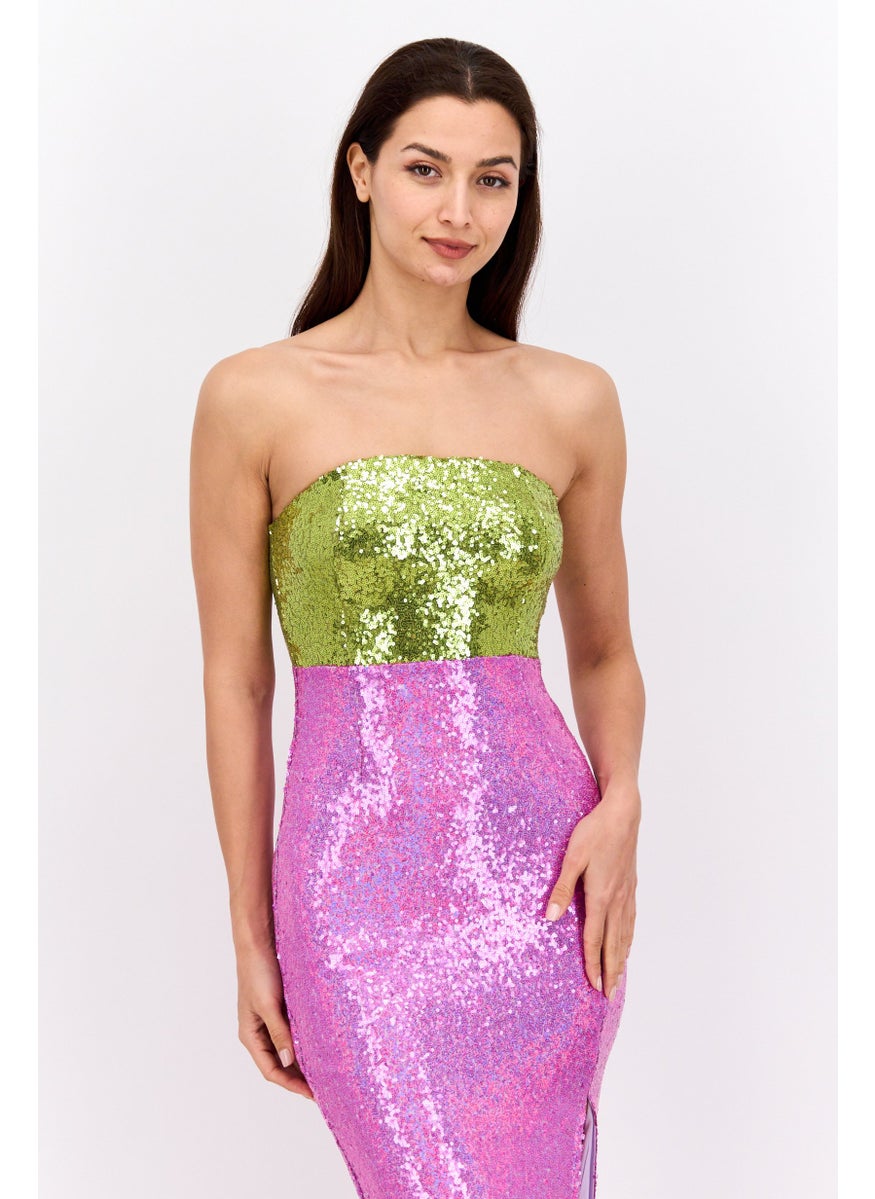 Women Sequins Strapless Midi Dress, Pink