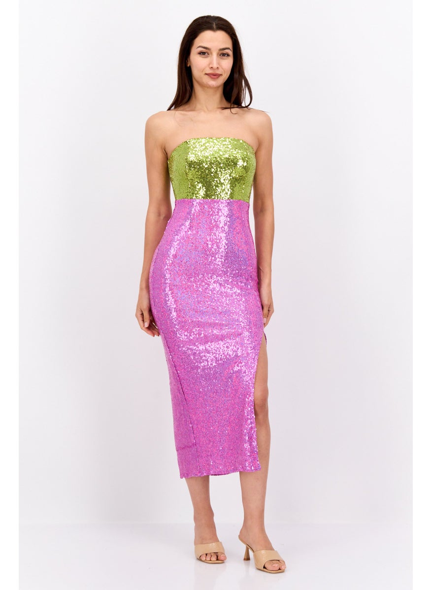 Women Sequins Strapless Midi Dress, Pink