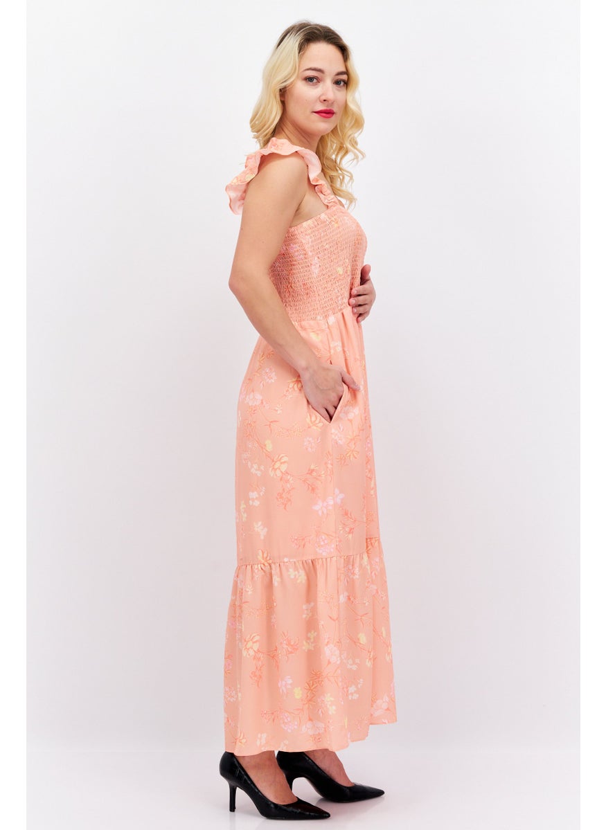 Women Floral Midi Casual Dress, Coral Pink