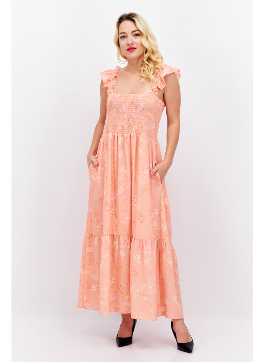 Women Floral Midi Casual Dress, Coral Pink