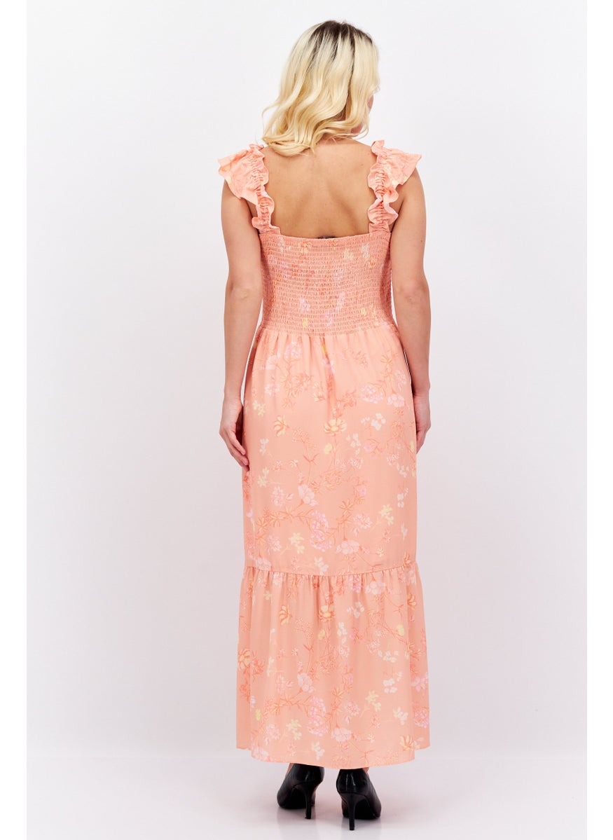 Women Floral Midi Casual Dress, Coral Pink