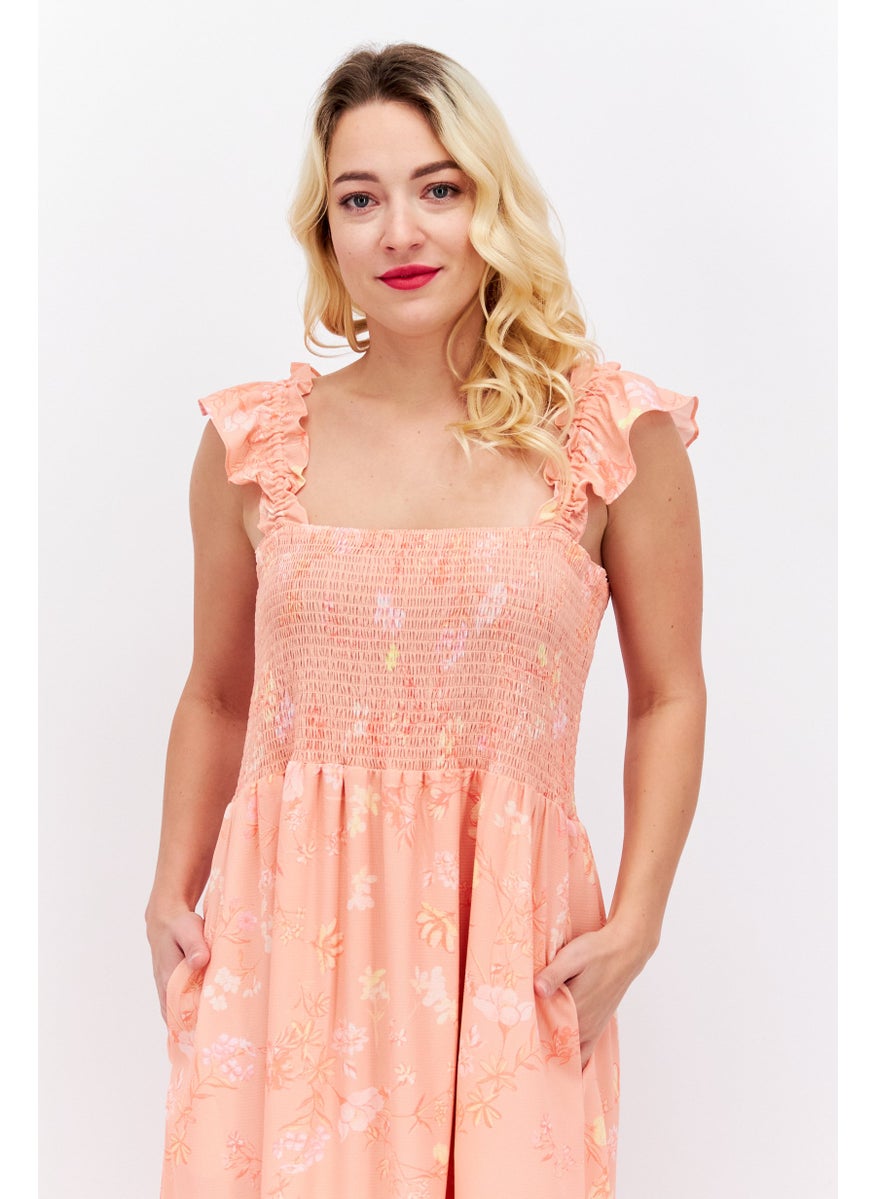 Women Floral Midi Casual Dress, Coral Pink