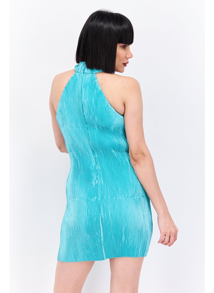 Women Petite Pleated Mini Dress, Blue