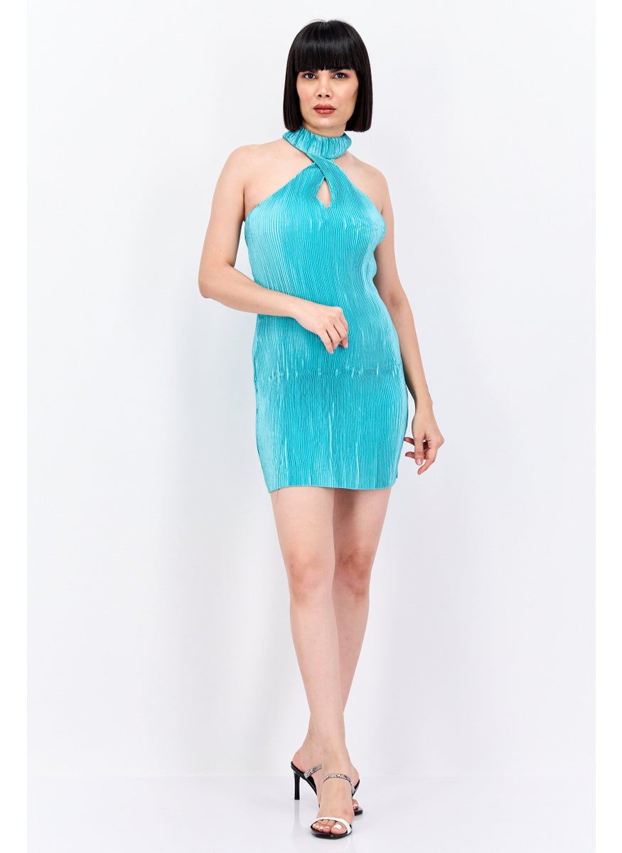 Women Petite Pleated Mini Dress, Blue