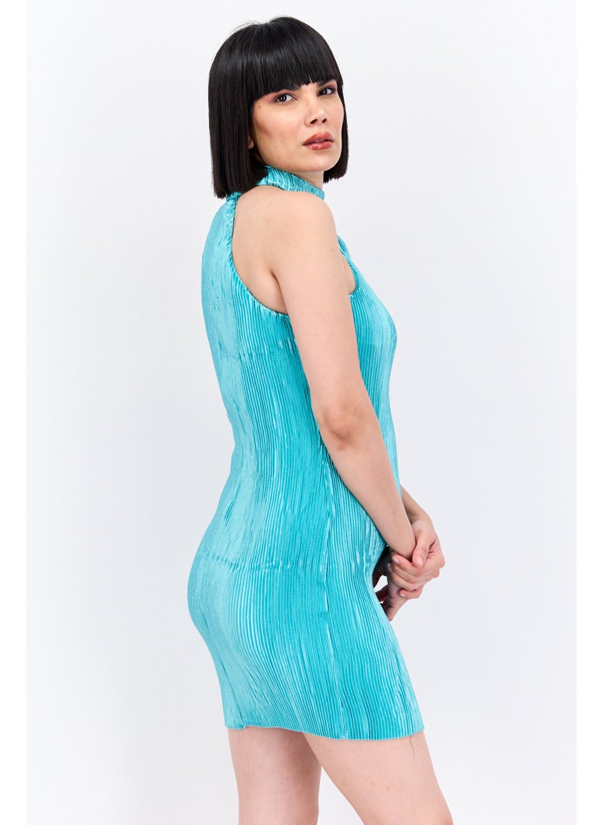 Women Petite Pleated Mini Dress, Blue