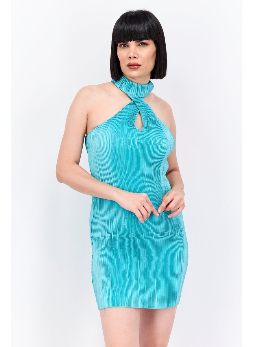 Women Petite Pleated Mini Dress, Blue