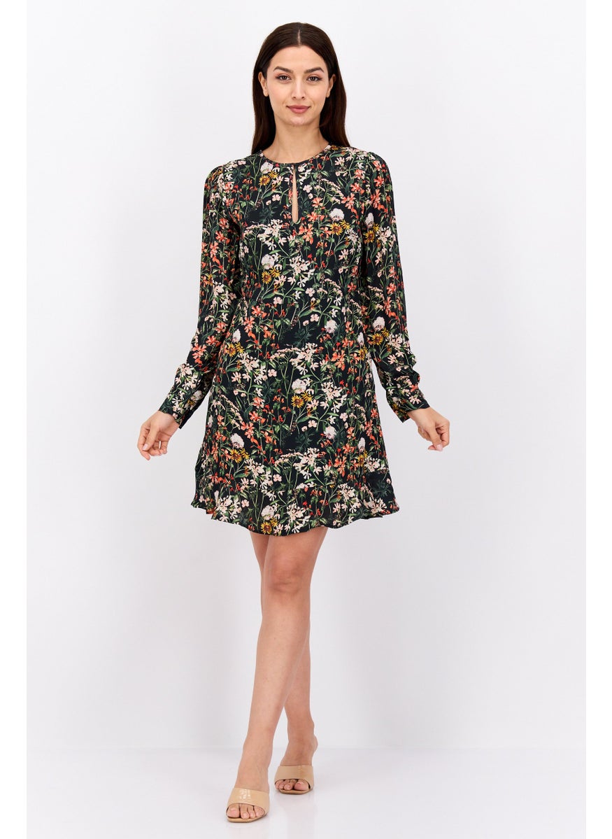 Women Floral Print Mini Dress, Black