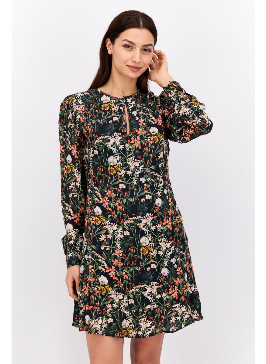 Women Floral Print Mini Dress, Black