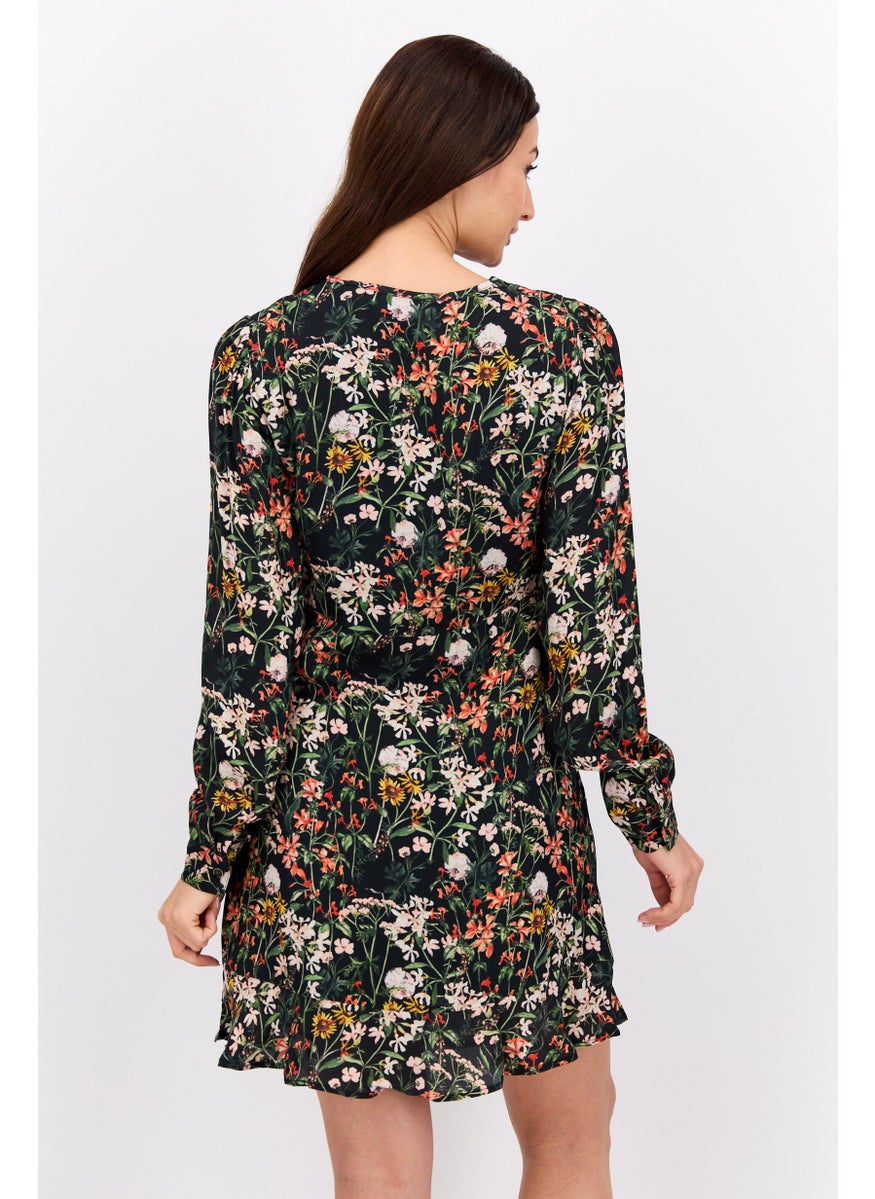 Women Floral Print Mini Dress, Black