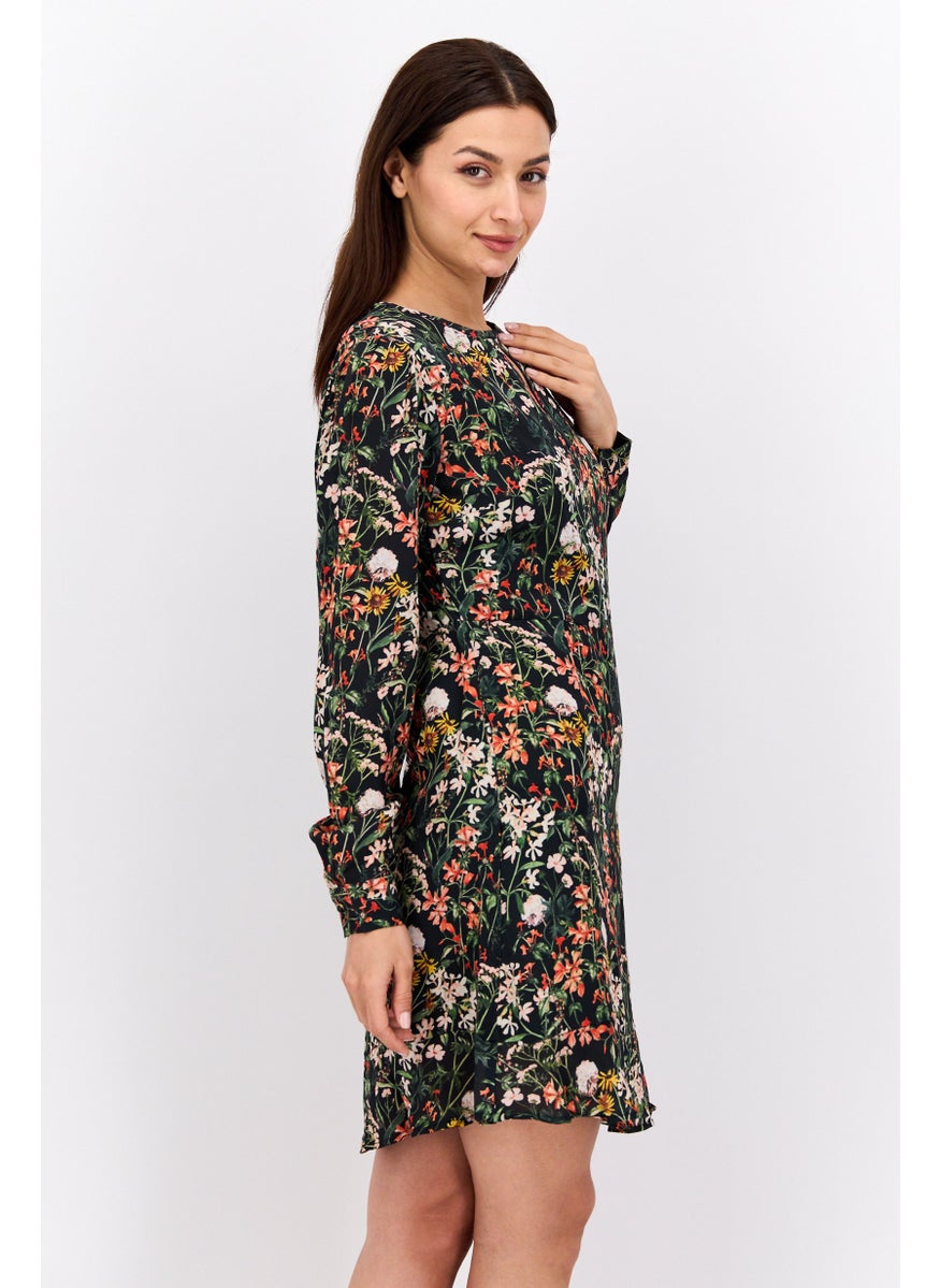 Women Floral Print Mini Dress, Black