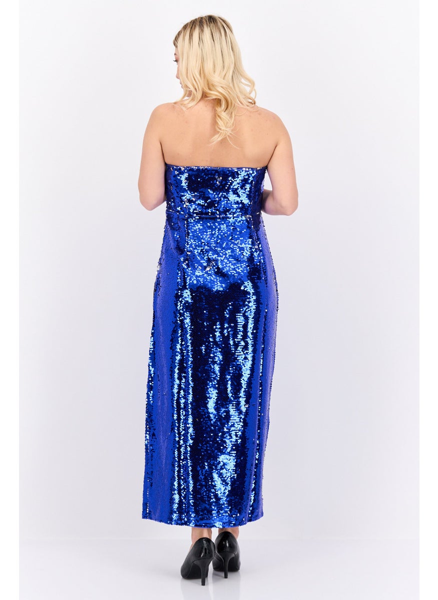 Women Petite Textured Partywear Maxi Dress, Navy