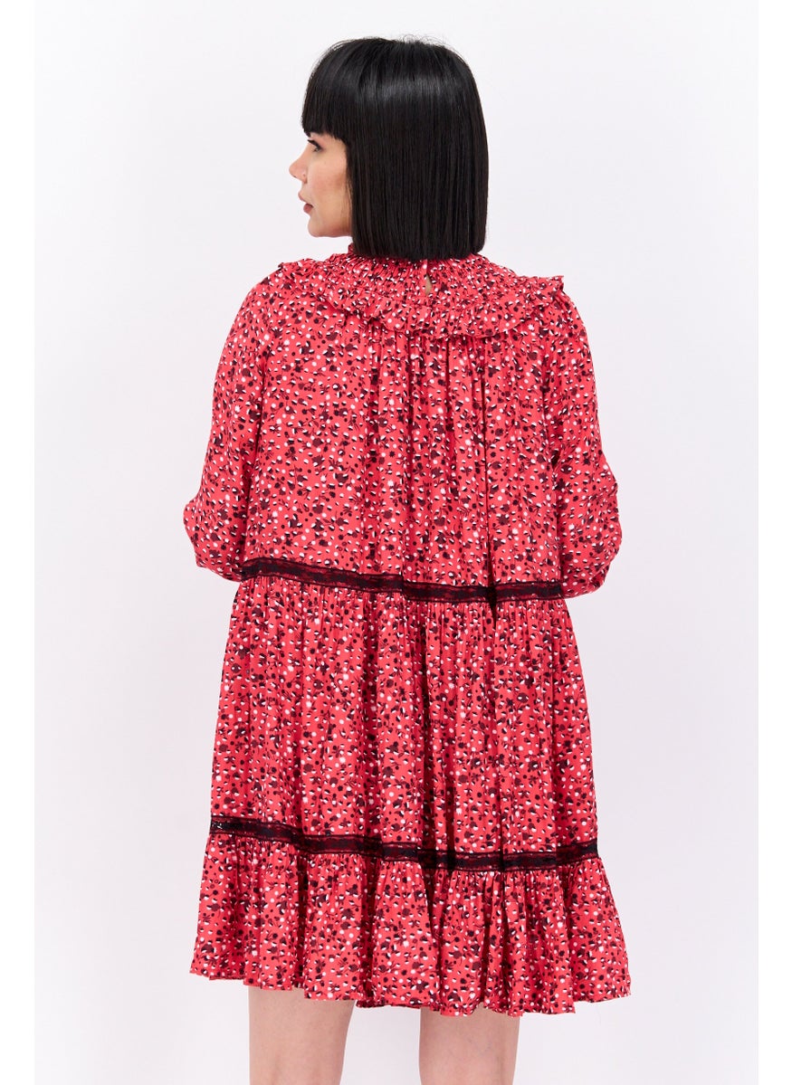 Women Allover Print Midi Dress, Red Combo