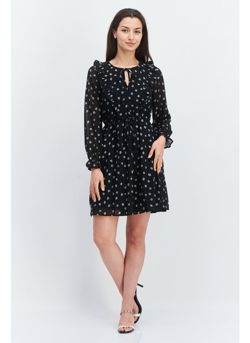 Women Allover Printed Tie Waist Midi Dress, Black Combo