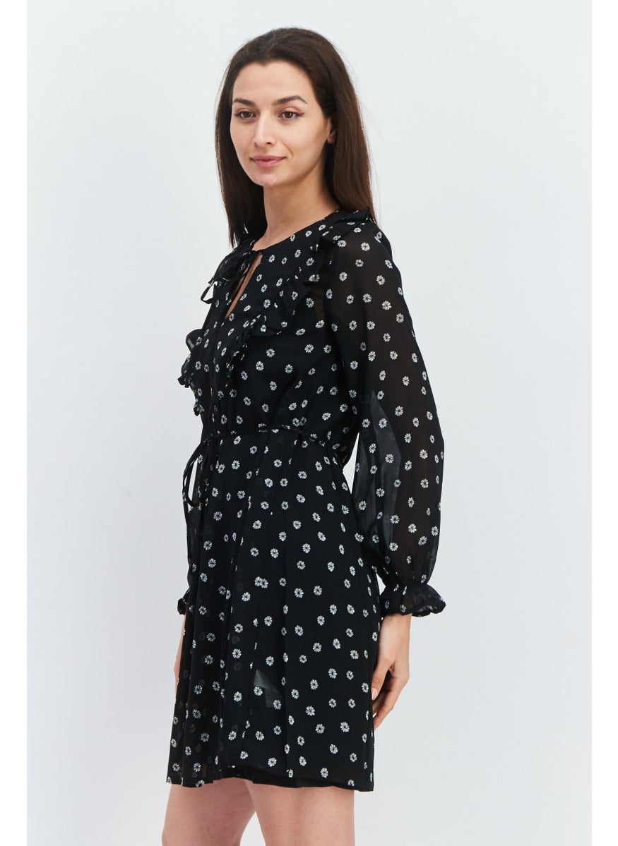 Women Allover Printed Tie Waist Midi Dress, Black Combo