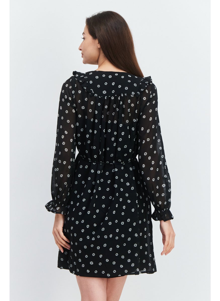 Women Allover Printed Tie Waist Midi Dress, Black Combo