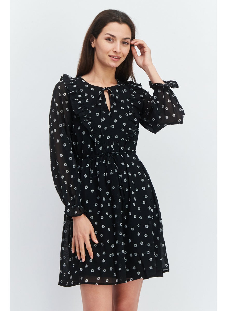 Women Allover Printed Tie Waist Midi Dress, Black Combo