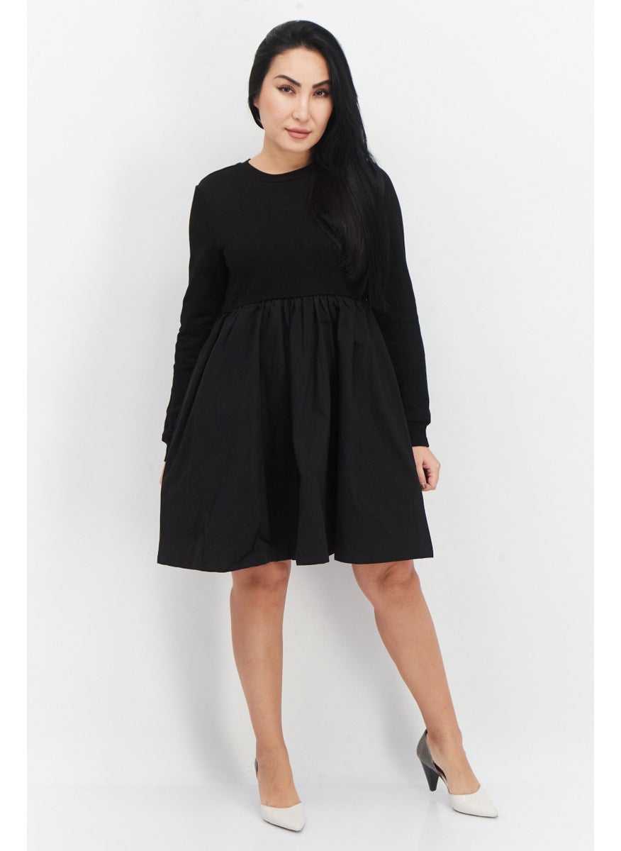 Women Round Neck Sold Baby Doll Mini Dress, Black