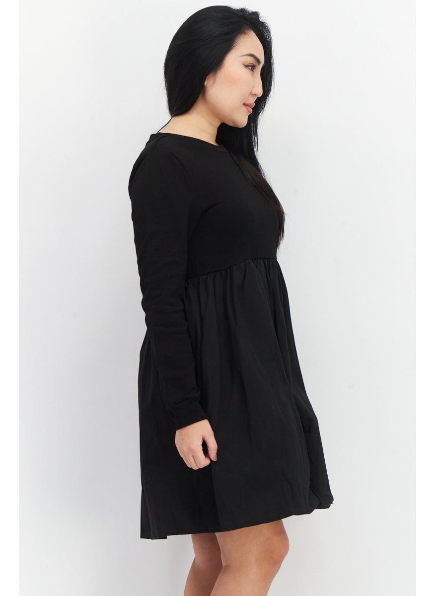 Women Round Neck Sold Baby Doll Mini Dress, Black