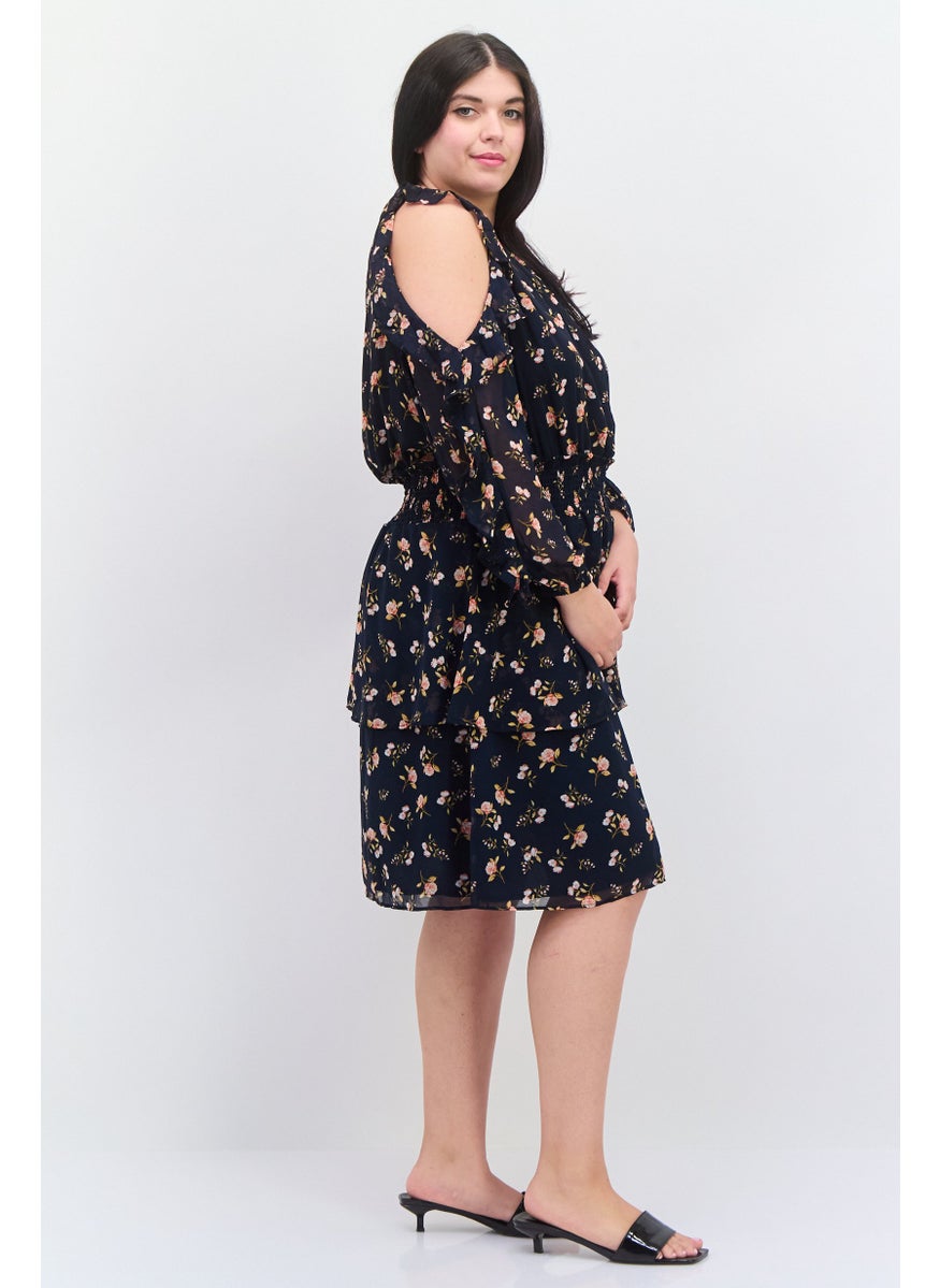 Women Plus Size Floral Print Midi Dress, Navy Combo