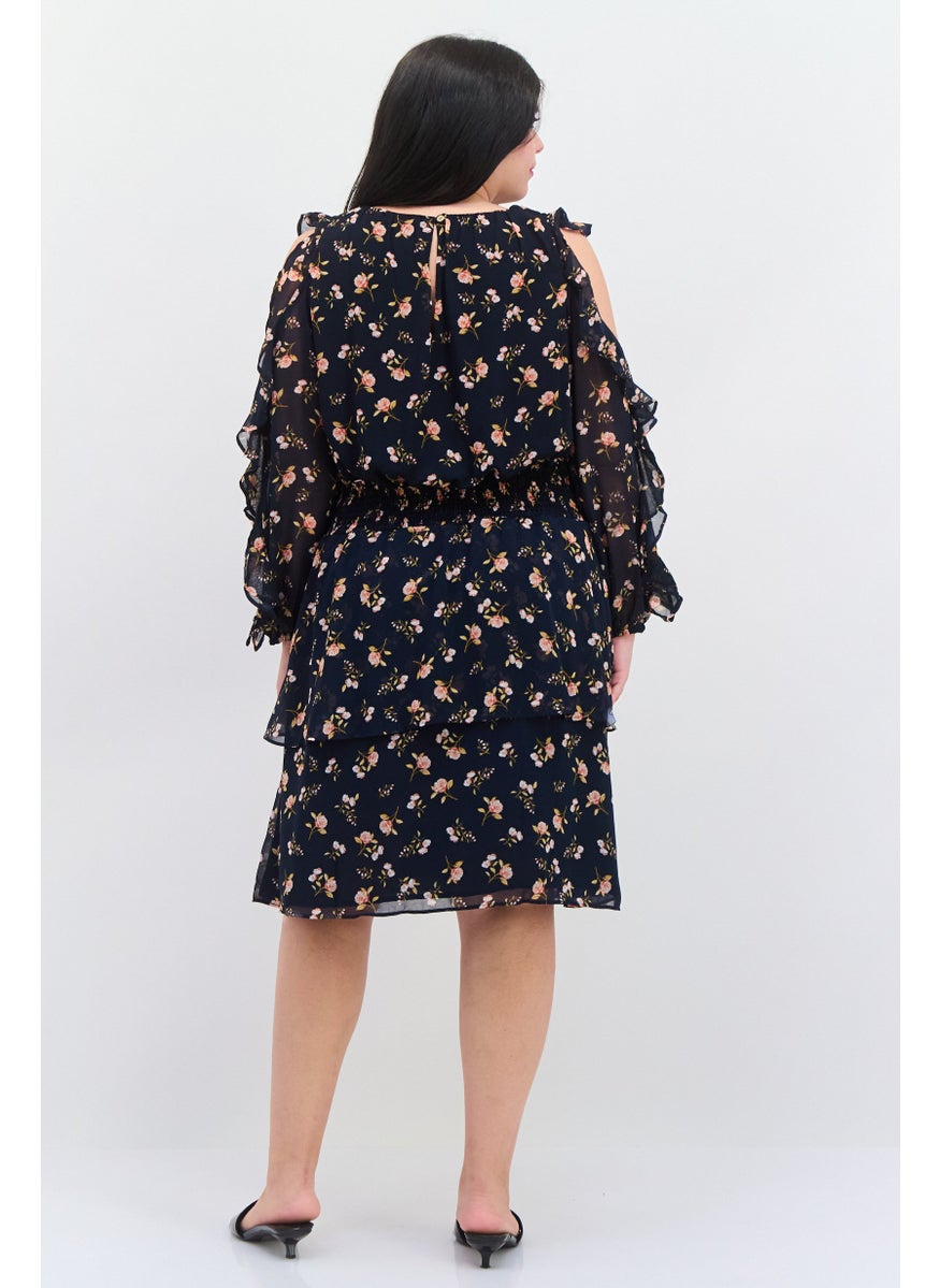 Women Plus Size Floral Print Midi Dress, Navy Combo