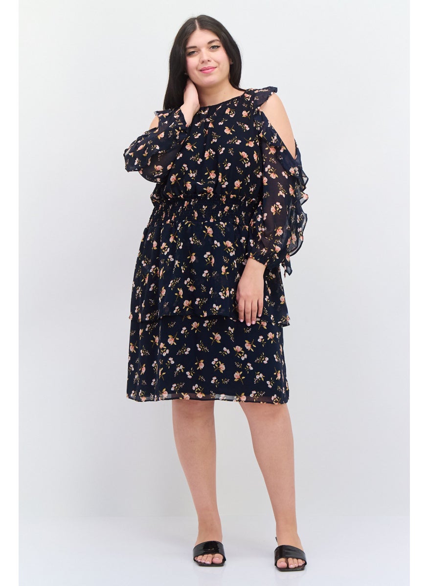 Women Plus Size Floral Print Midi Dress, Navy Combo