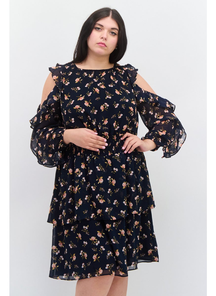 Women Plus Size Floral Print Midi Dress, Navy Combo