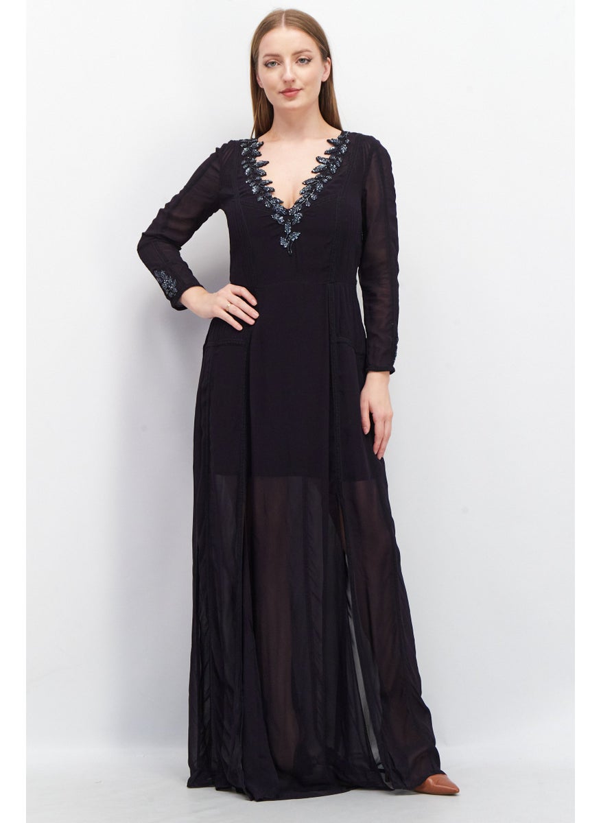 Women Embellished Maxi Dress, Navy Blue