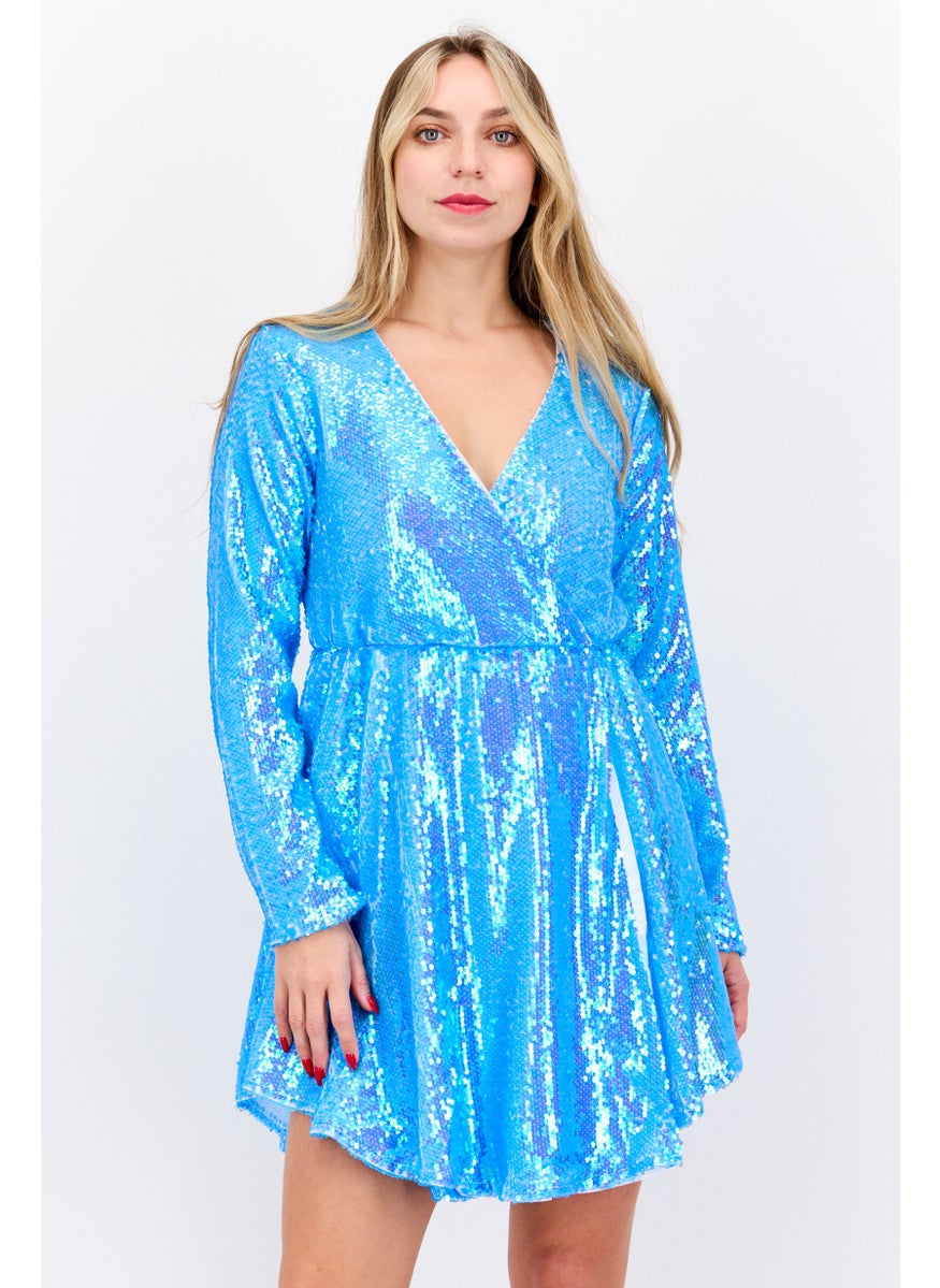 Women Sequins Mini Dress, Turquoise