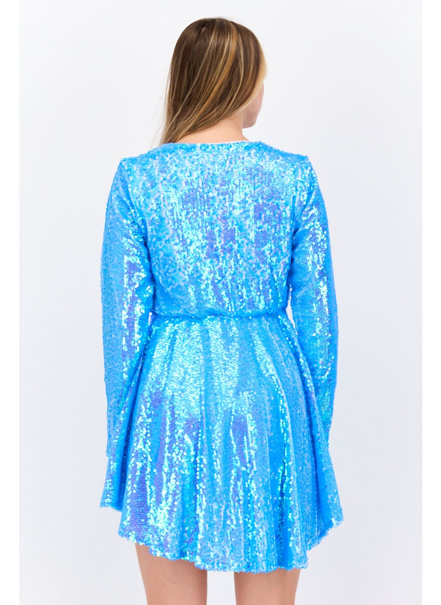Women Sequins Mini Dress, Turquoise
