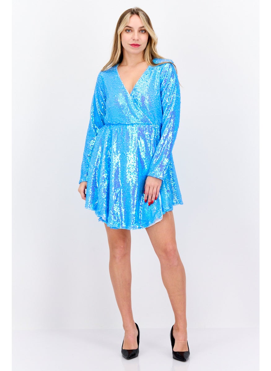 Women Sequins Mini Dress, Turquoise