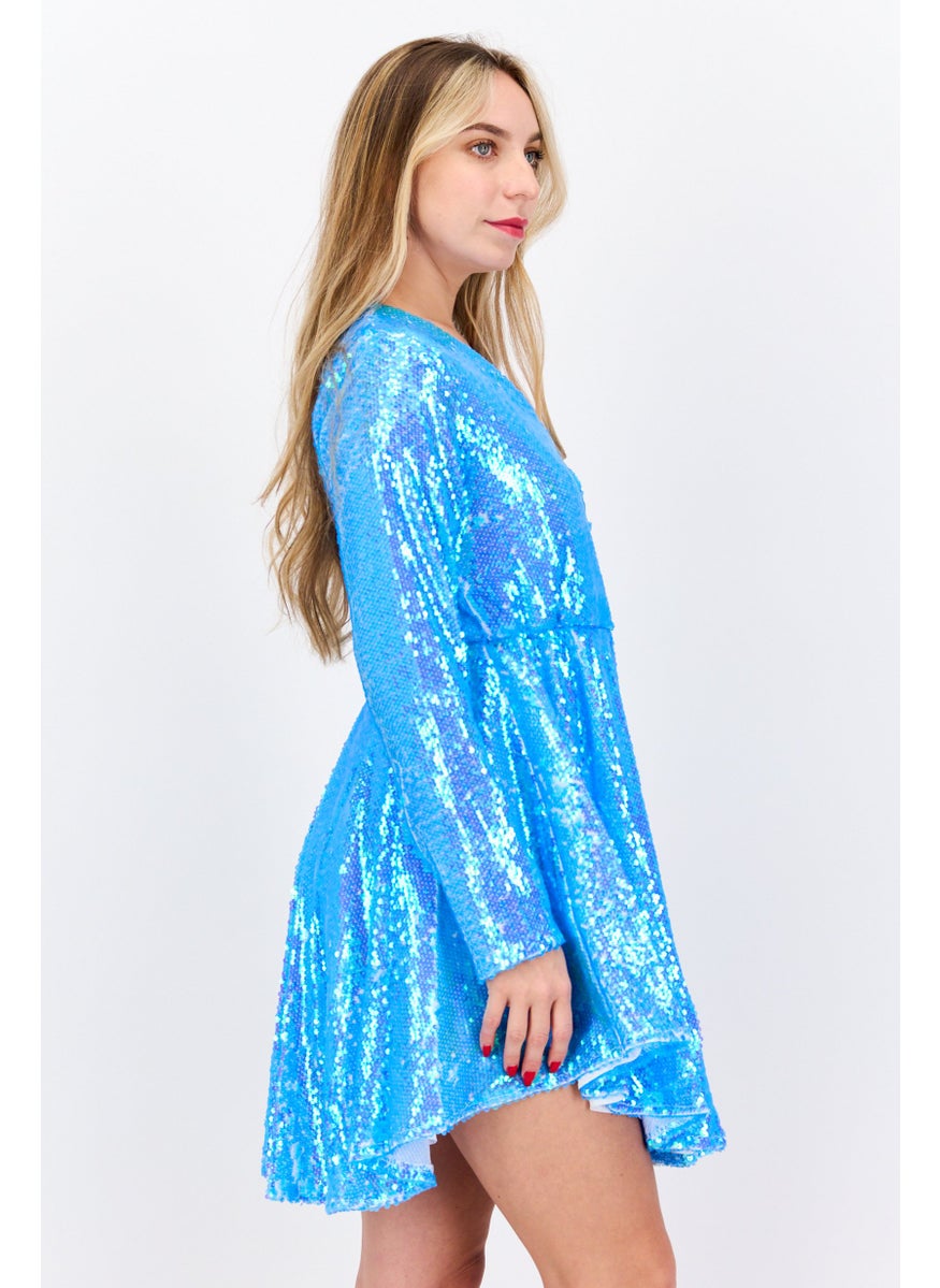 Women Sequins Mini Dress, Turquoise