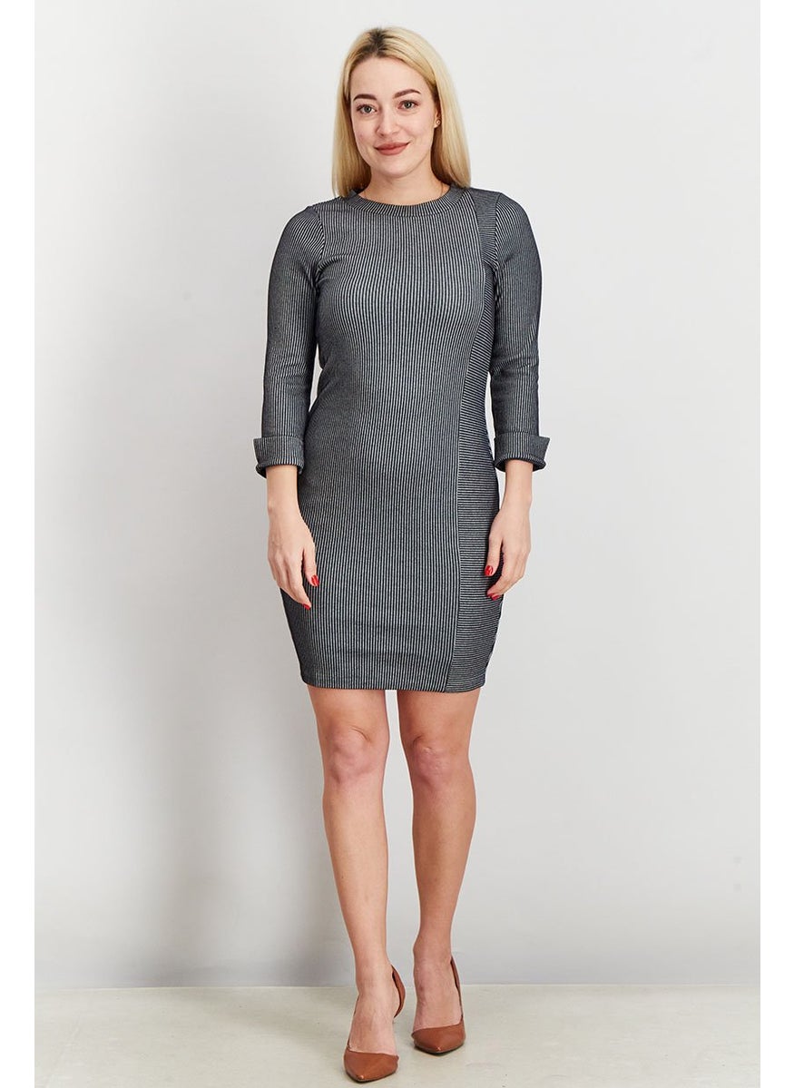 Women Long Sleeve Stripe Bodycon, Black and White