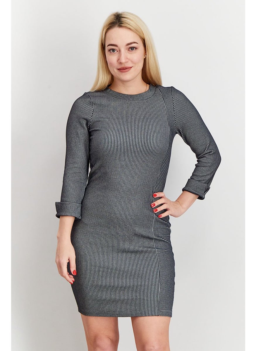 Women Long Sleeve Stripe Bodycon, Black and White