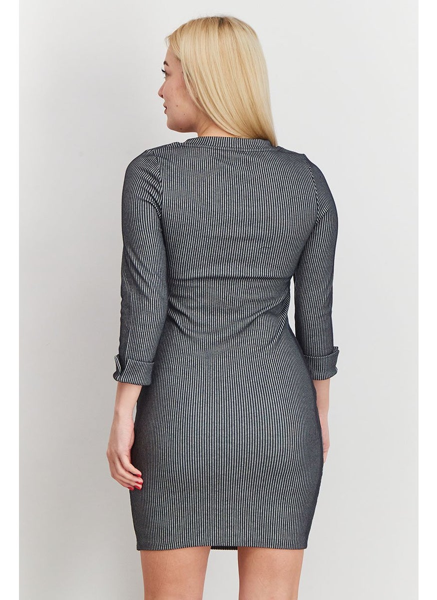 Women Long Sleeve Stripe Bodycon, Black and White