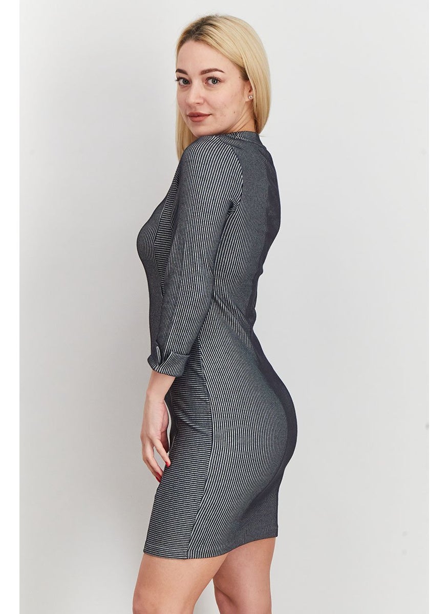 Women Long Sleeve Stripe Bodycon, Black and White
