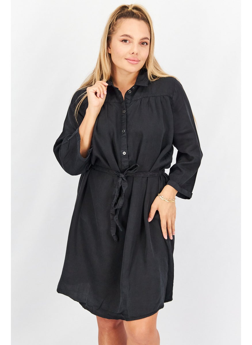 Women Plain Long Sleeve Shirt Dress, Black