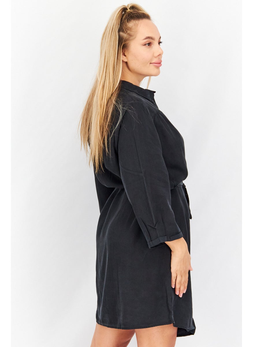 Women Plain Long Sleeve Shirt Dress, Black