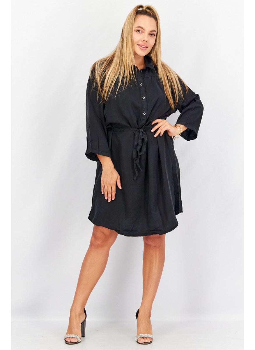 Women Plain Long Sleeve Shirt Dress, Black