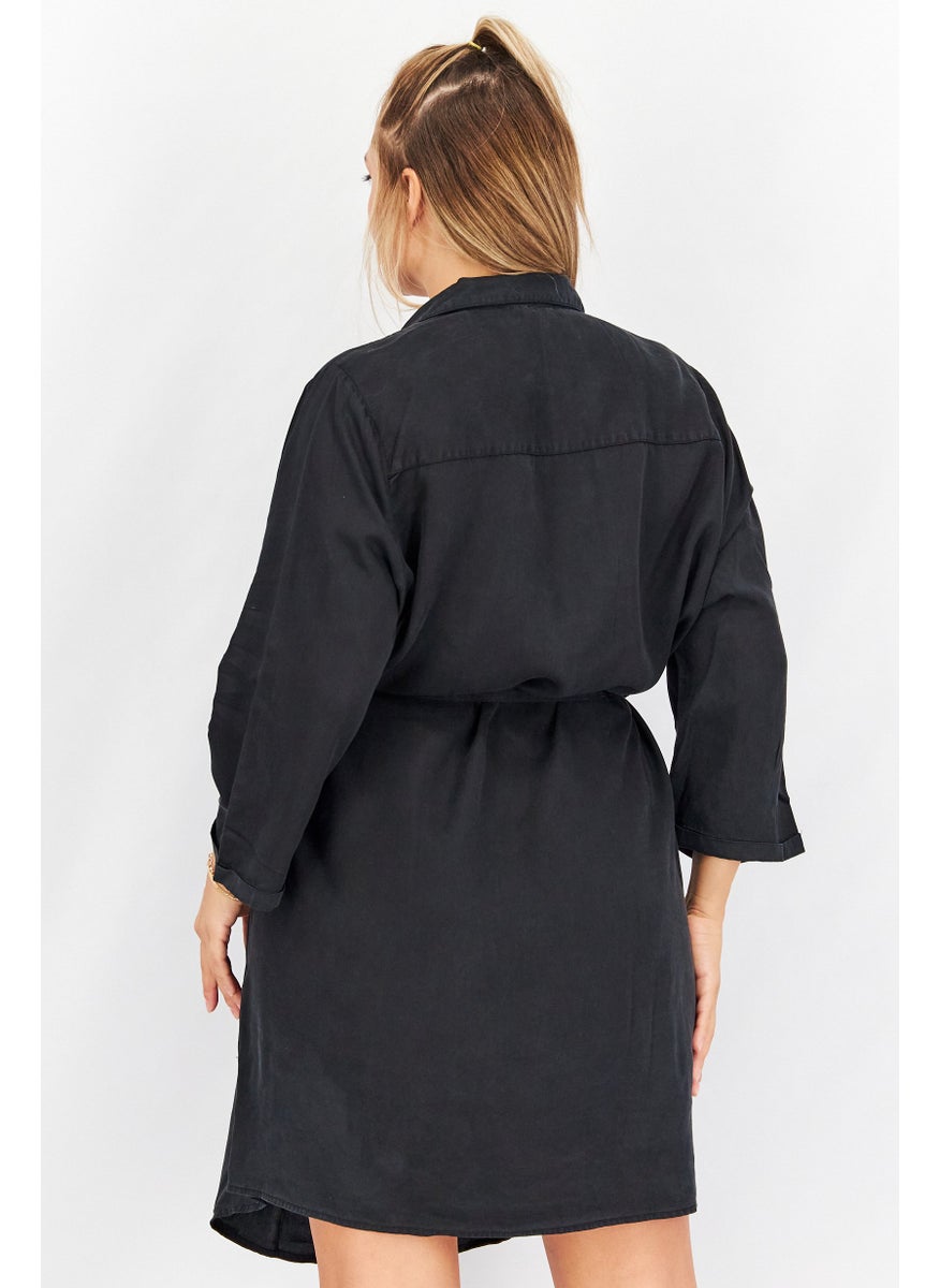 Women Plain Long Sleeve Shirt Dress, Black
