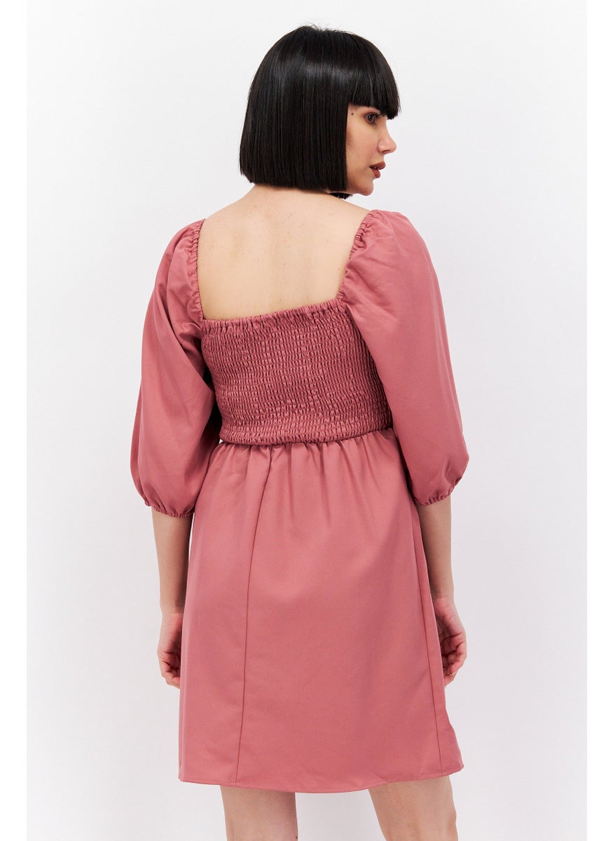 Women Solid Smocked Mini Dress, Pink