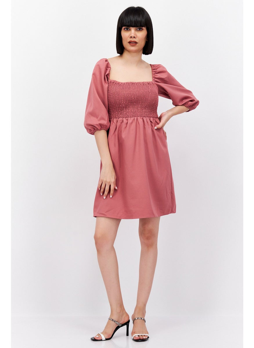 Women Solid Smocked Mini Dress, Pink