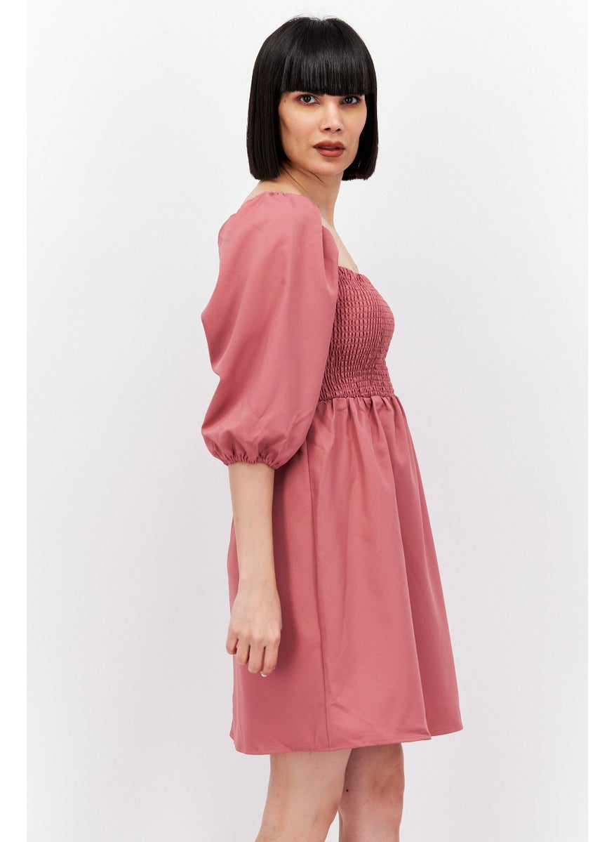 Women Solid Smocked Mini Dress, Pink