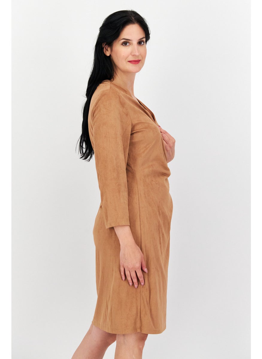 Women Plain Wrap Dress, Brown