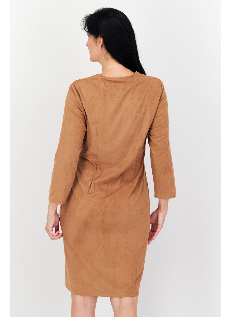 Women Plain Wrap Dress, Brown