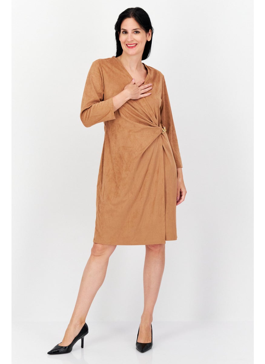 Women Plain Wrap Dress, Brown